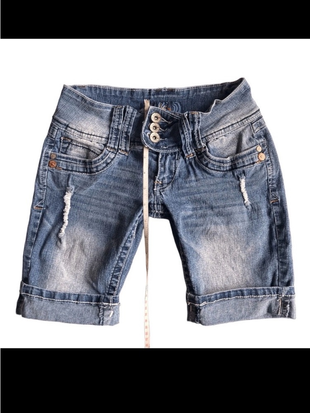 Angels Denim Bermuda Shorts Ultra Low Rise Cuffed Y2K Size 1 Distressed Ramie